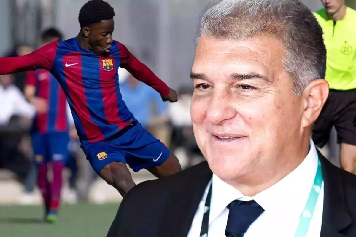 El president del Barça, Joan Laporta, en primer pla amb una foto d'Ebrima Tunkara, és la nova gran perla de la Masia del FC Barcelona.