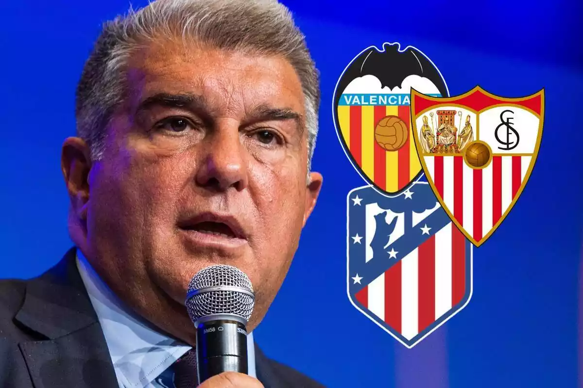 Joan Laporta amb els escuts de Sevilla, València i Atlètic de Madrid al seu costat