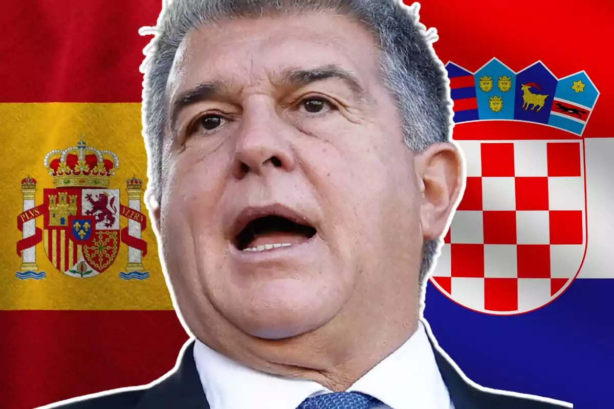 Joan Laporta amb la boca oberta al costat d?una bandera de Croàcia i una altra d?Espanya
