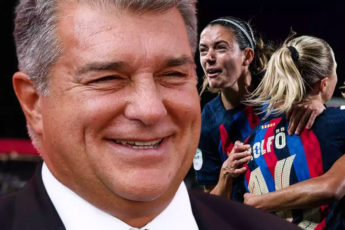 Joan Laporta amb un gran somriure al costat d'Aitana Bonmatí celebrant un gol amb el FC Barcelona Femení