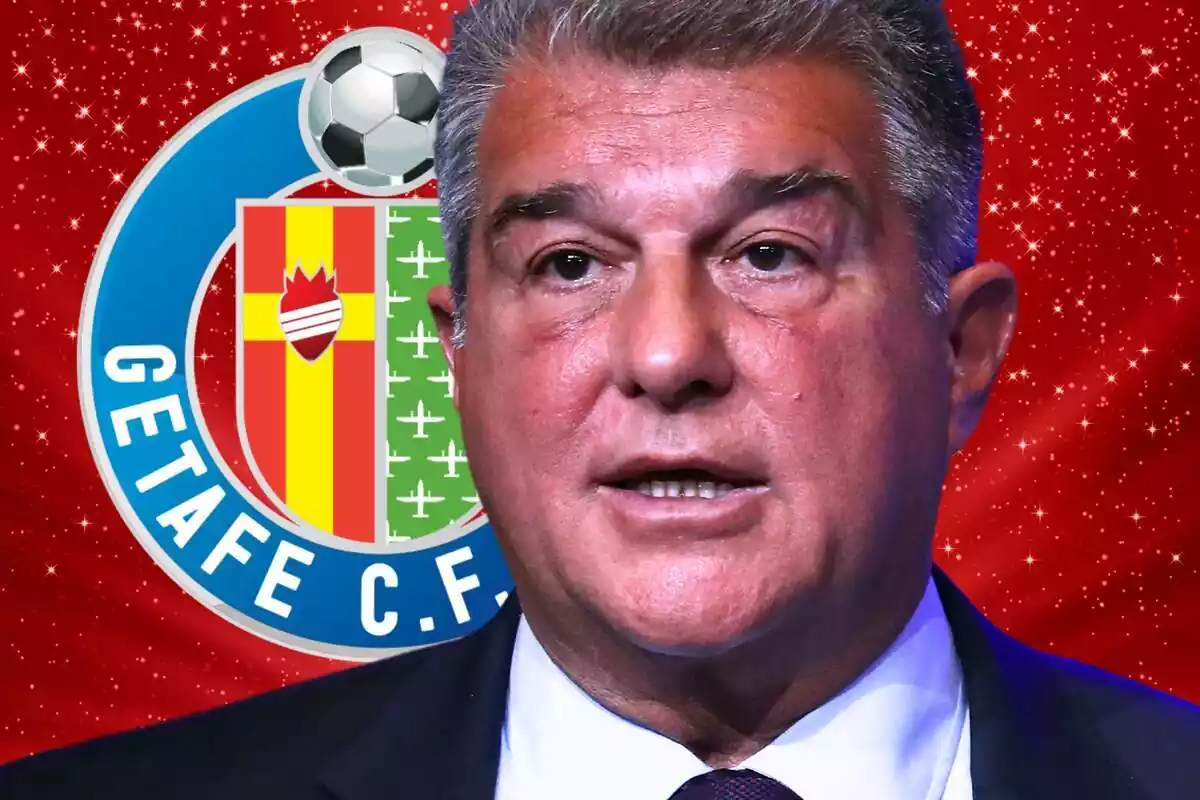 Joan Laporta amb la cara seriosa i l'escut del Getafe a un costat