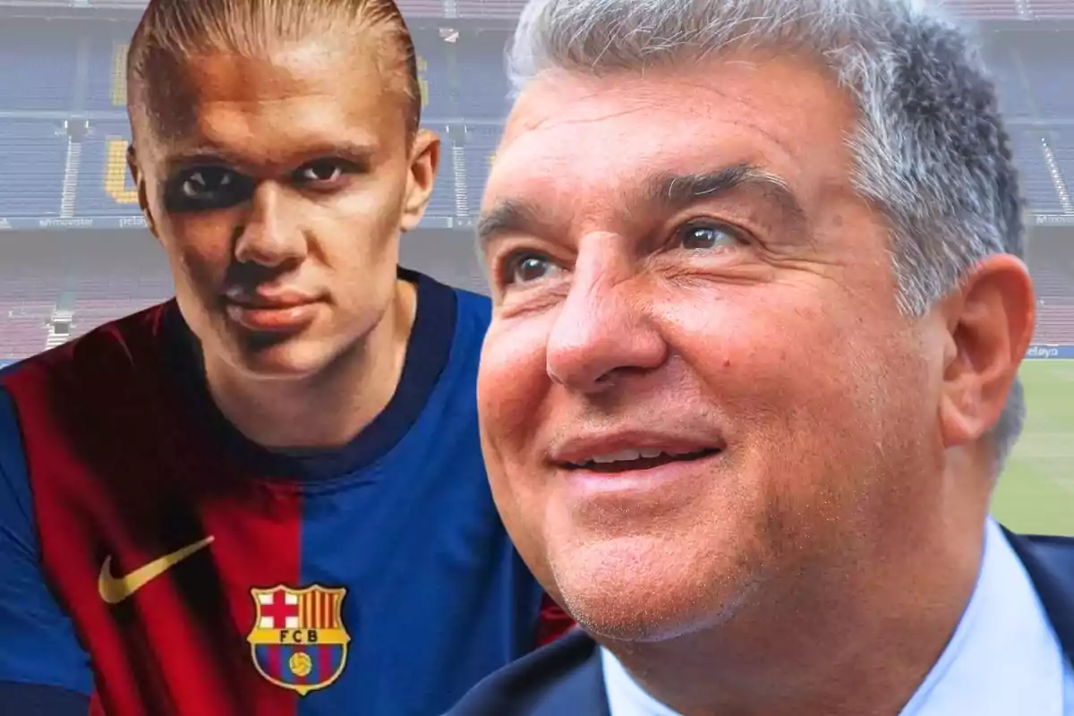 Two people in a soccer stadium, one wearing an FC Barcelona jersey.
