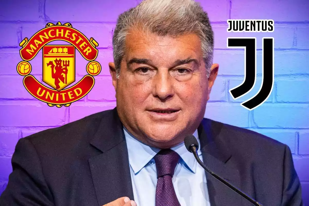 Joan Laporta parlant per micròfon amb els escuts del Manchester United i el Juventus