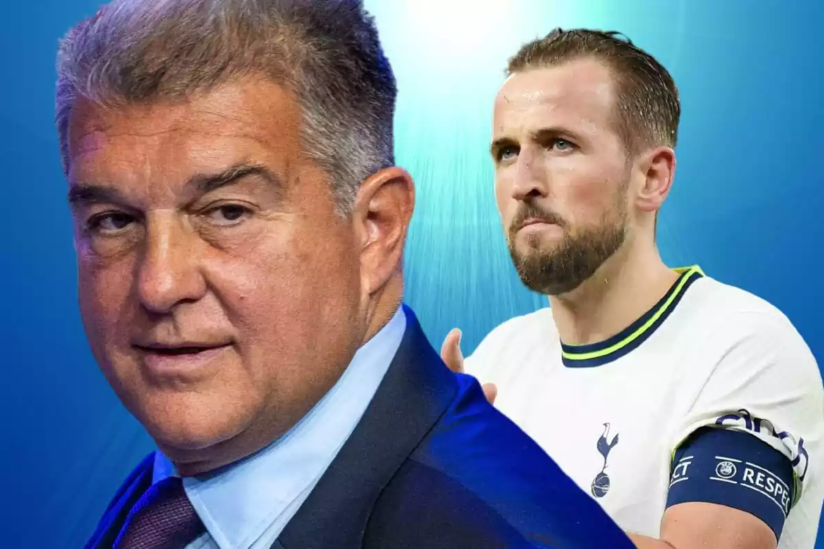 Joan Laporta mirant al capdavant de perfil amb Harry Kane al fons aplaudint