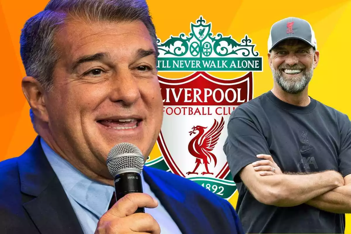 Joan Laporta amb un micròfon a la mà amb Jürgen Klopp i l'escut del Liverpool