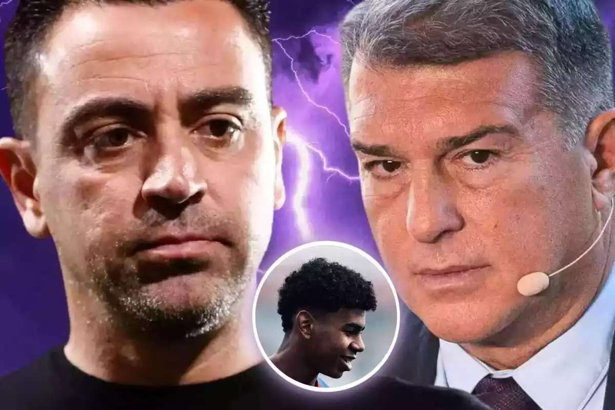 Muntatge de Laporta i Xavi seriosos amb Lamine Yamal en un cercle i raigs de fons