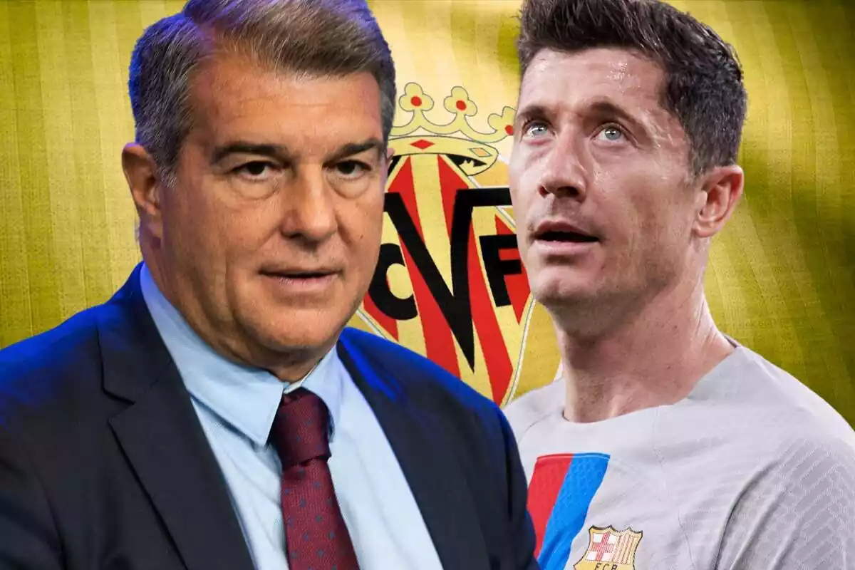 Robert Lewandowski i Joan Laporta sobre una bandera amb l'escut del Vila-real