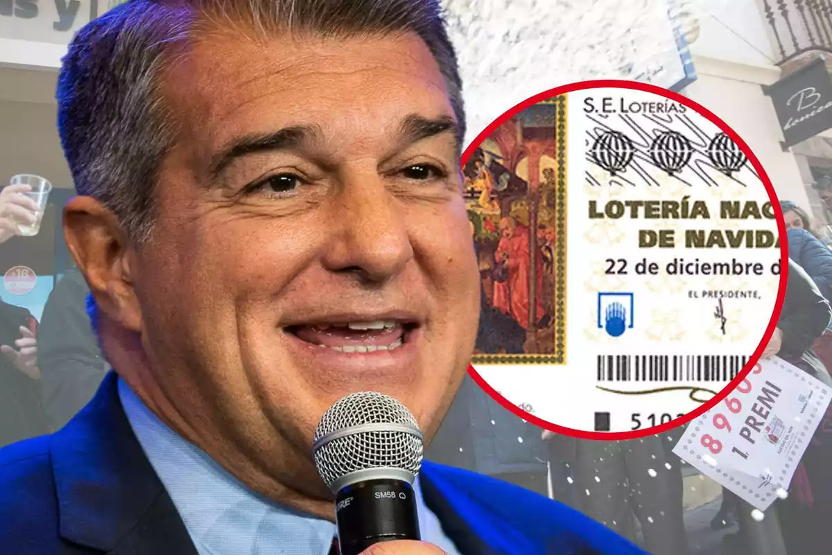 Joan Laporta amb un micròfon a la mà i un dècim de Nadal retallat al seu costat