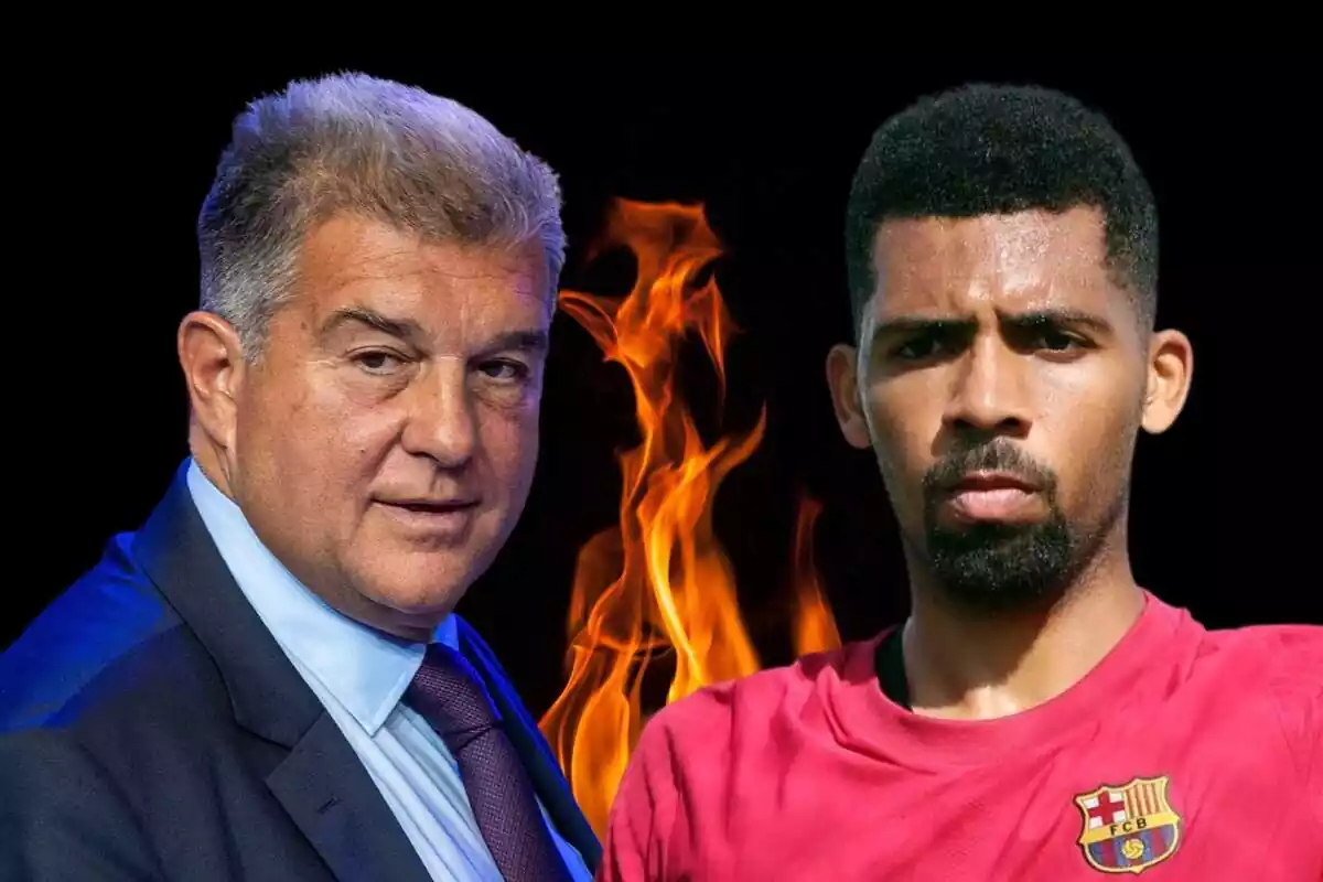 Muntatge de Joan Laporta desafiador i Matheus Fernandes amb foc de fons
