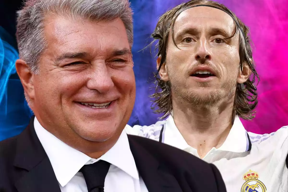 Joan Laporta amb un gran somriure al costat de Luka Modric celebrant