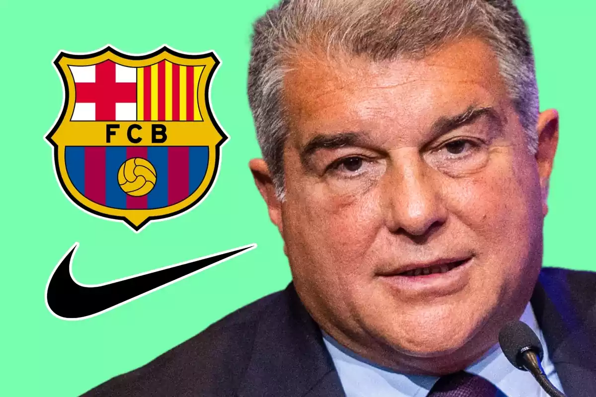 Joan Laporta preocupat pel costat de l'escut del FC Barcelona i el logotip de Nike
