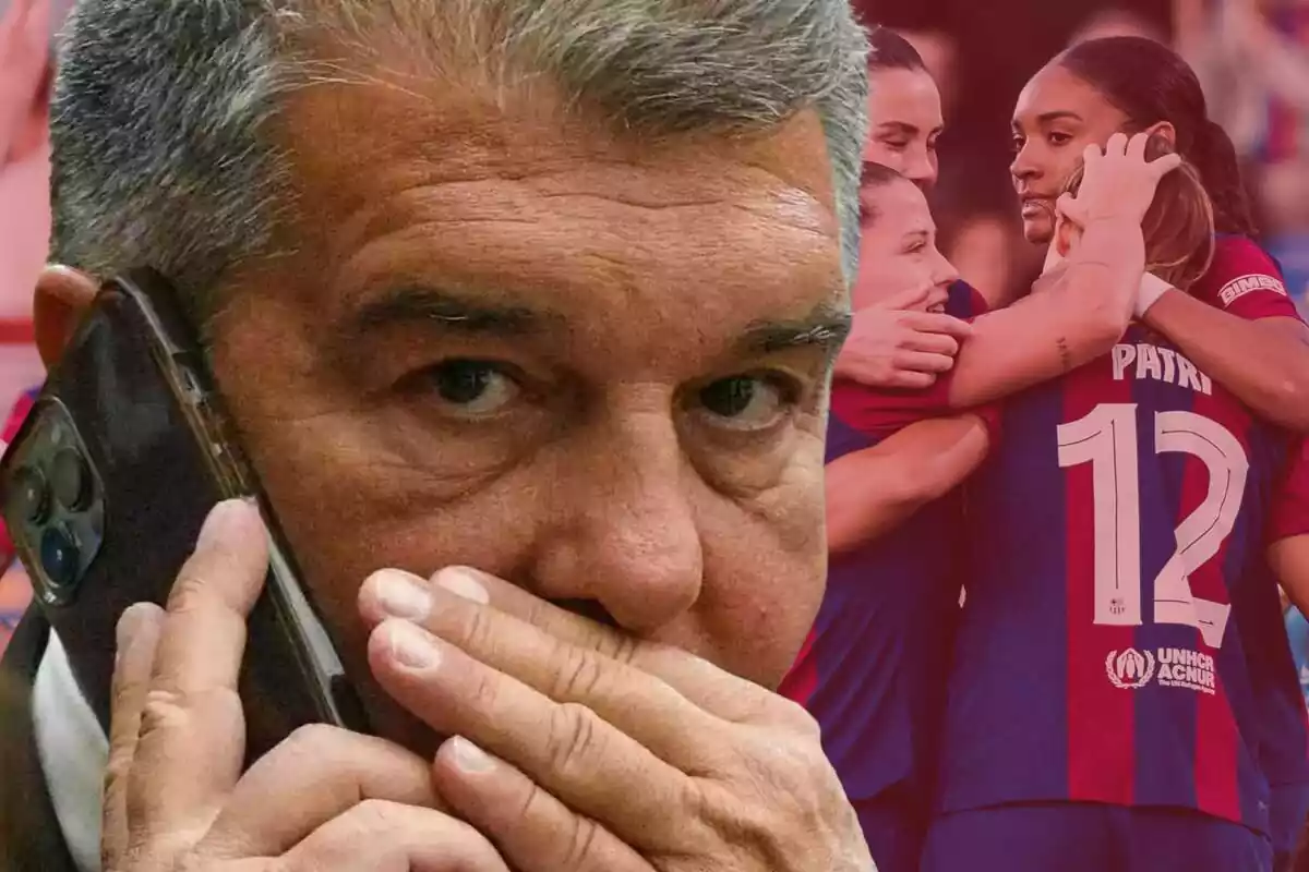 Joan Laporta parlant per telèfon mentre es tapa la boca amb Patri Guijarro abraçant les jugadores del FC Bareclona