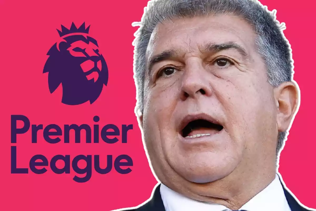 Joan Laporta amb la boca oberta al costat d´un fons amb el logo de la Premier League