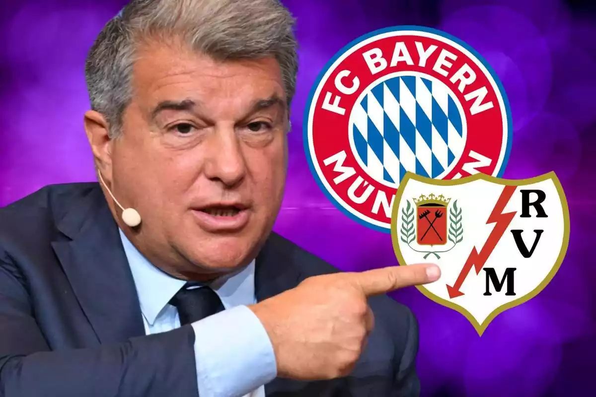 Joan Laporta assenyala amb el dit l'escut del Rayo Vallecano i del Bayern Munic