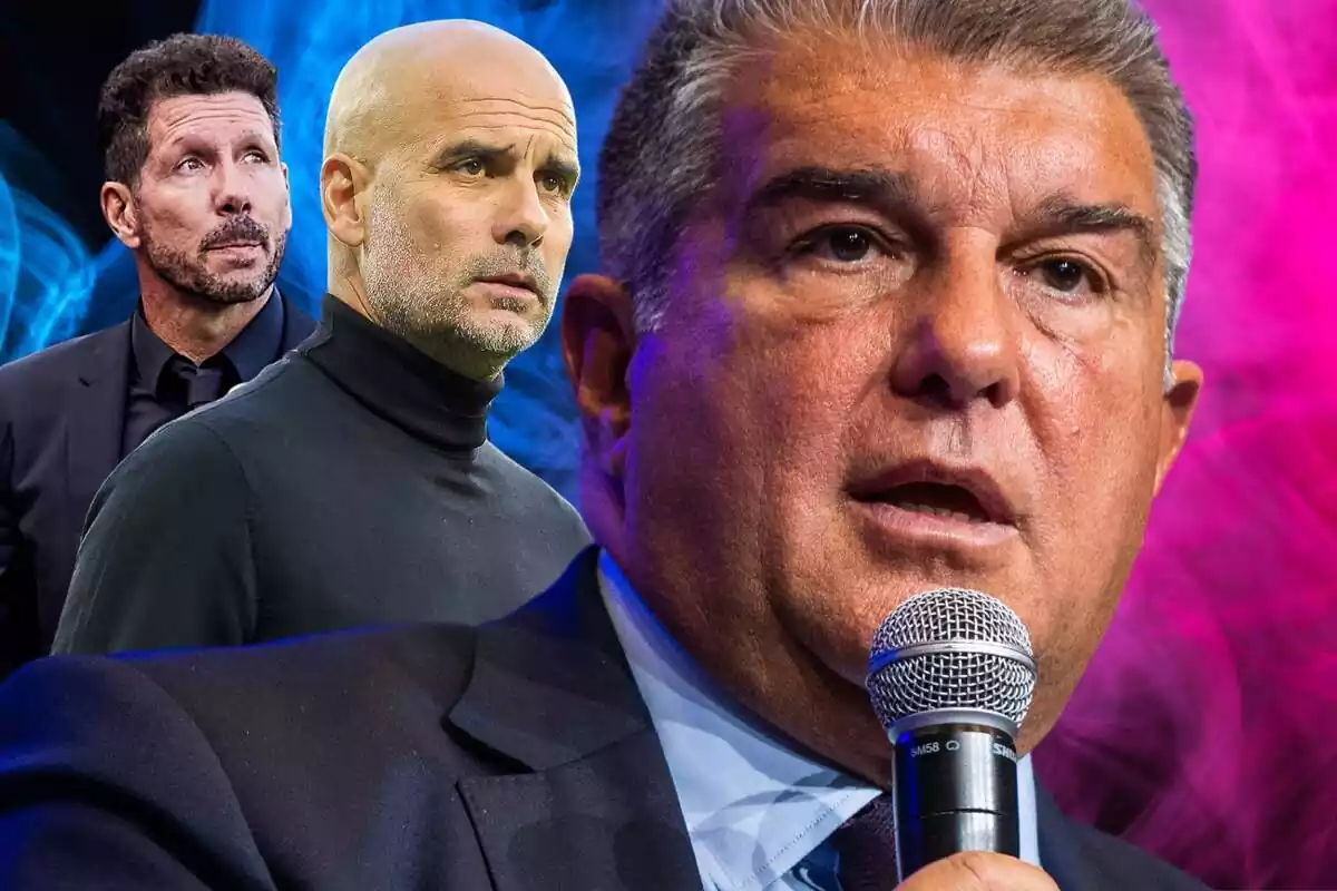 Joan Laporta en primer pla amb Simeone i Pep Guardiola al fons