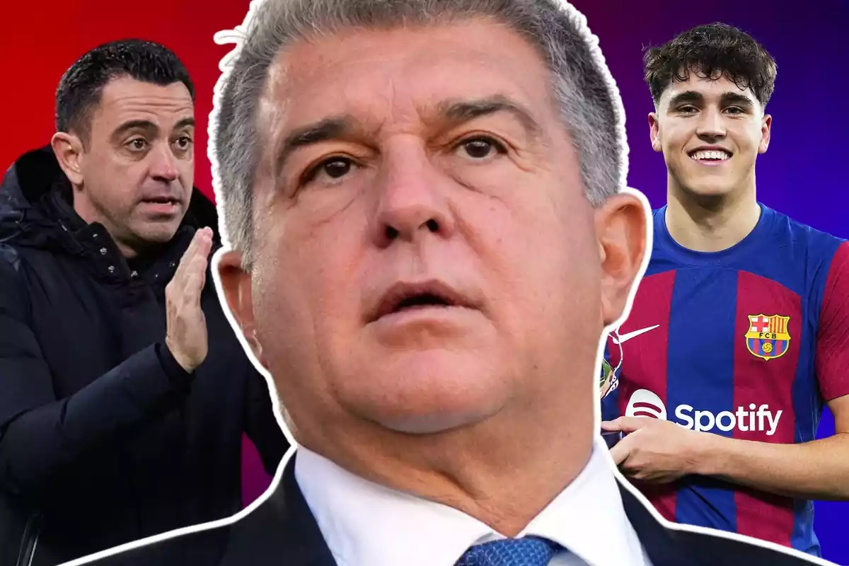 Joan Laporta envoltat per una silueta de color blanc amb Xavi Hernñandez i Pau Cubarsí al fons