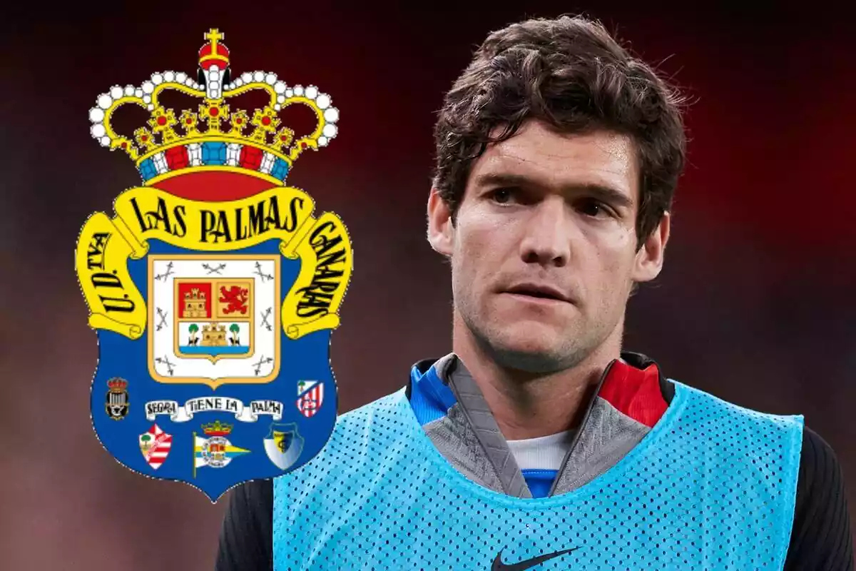 Muntatge de Marcos Alonso amb l'escut de Las Palmas