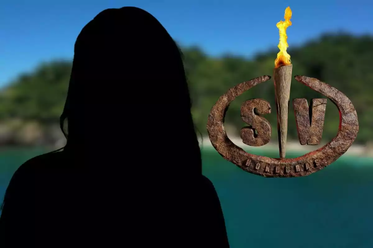 Una silueta oscura de Laura Cuevas frente a un fondo de playa con un logotipo que tiene una antorcha encendida y las letras "SV" (Supervivientes) junto a la palabra "Honduras".