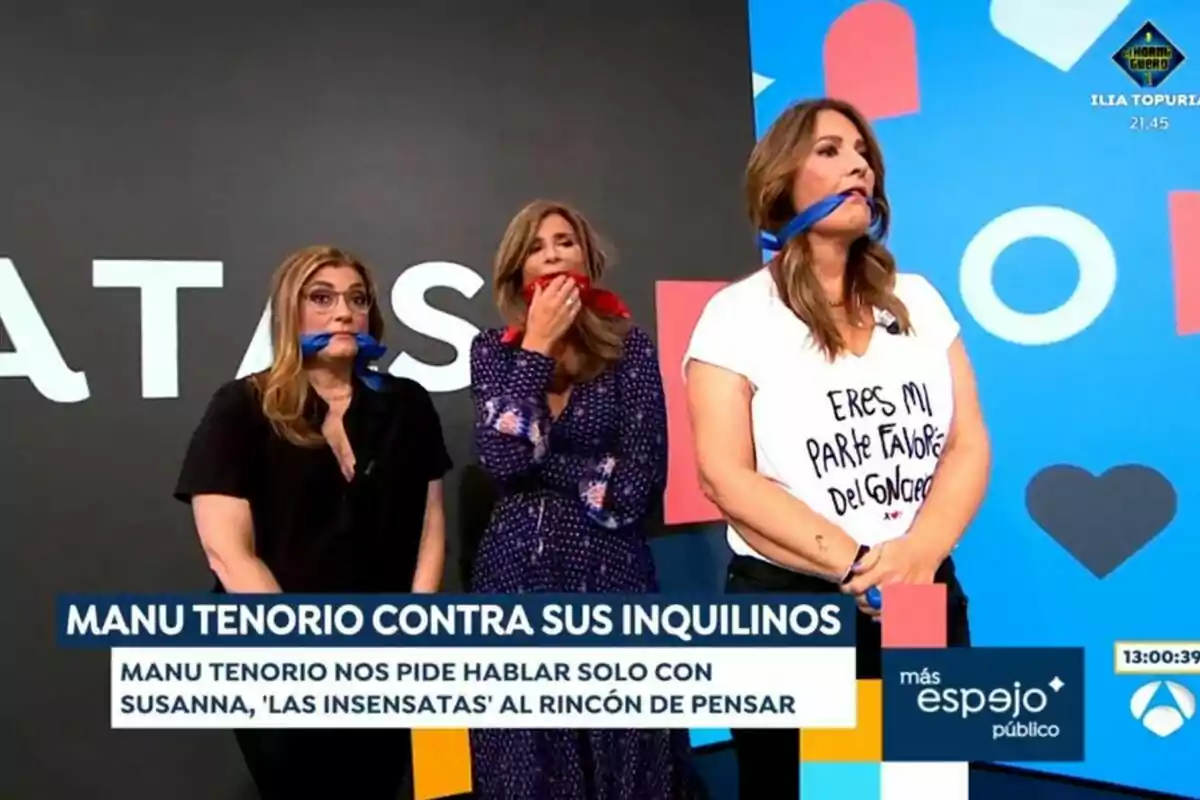 Lorena Vázquez, Gema López i Laura Fa amb cintes a la boca estan en un programa de televisió anomenat 