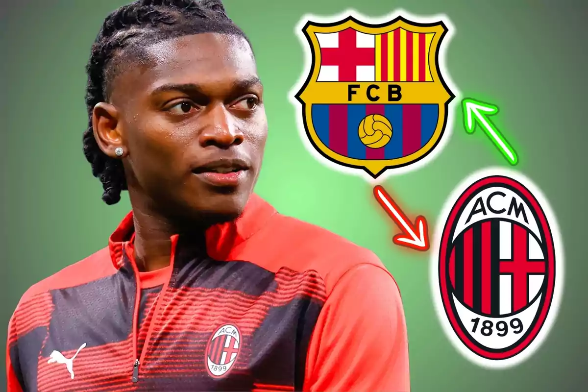 Un jugador de fútbol con el uniforme del AC Milan junto a los escudos del FC Barcelona y AC Milan con flechas indicando un posible cambio de equipo.