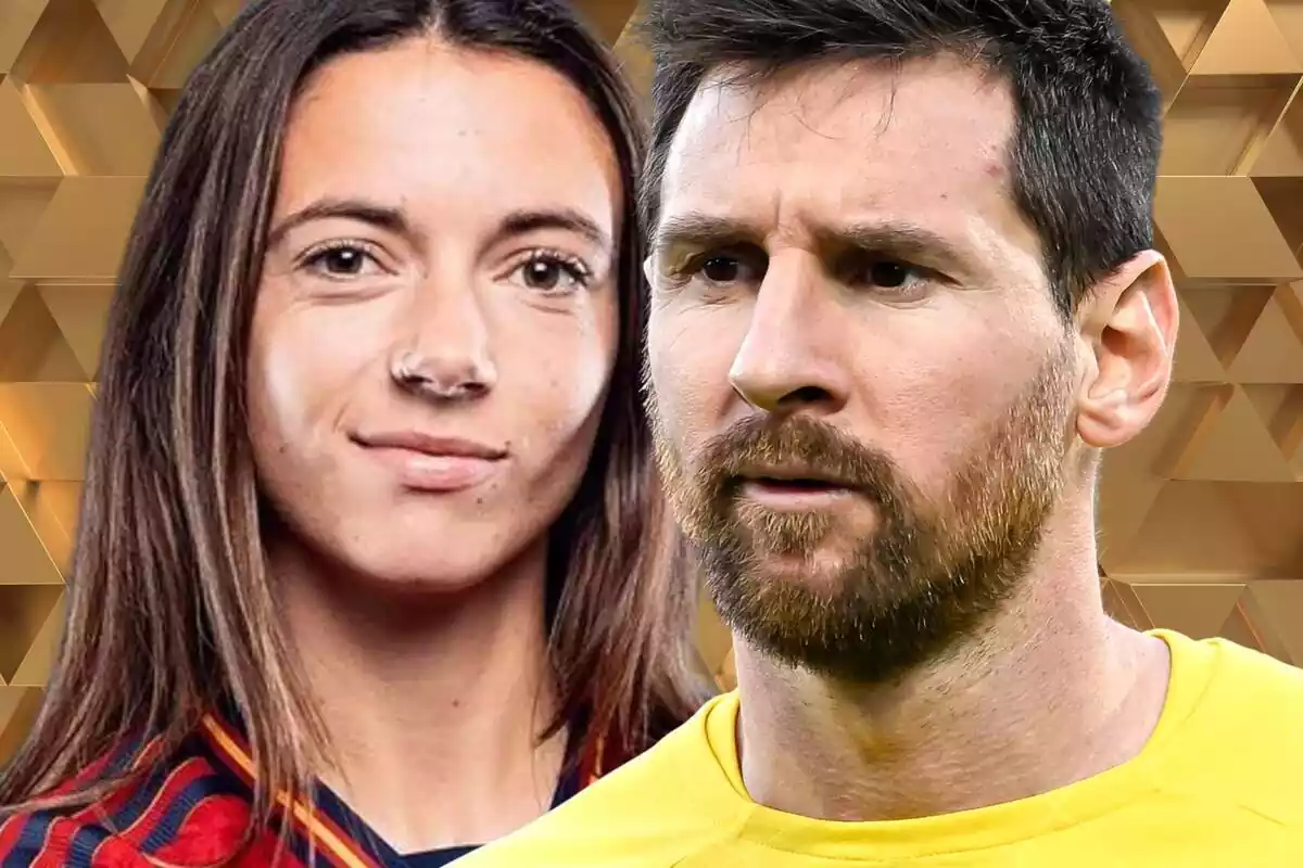 Leo Messi al costat d'Aitana Bonmatí sobre un fons daurat