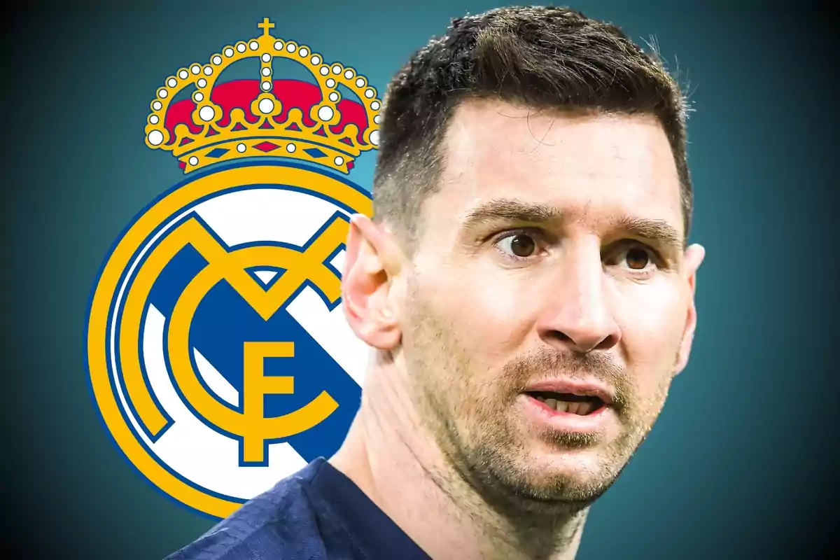 A man with a serious expression appears in the foreground with the Real Madrid crest in the background.