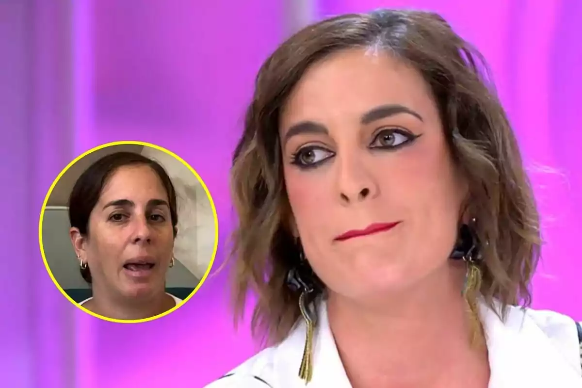 Leticia Requejo con maquillaje y expresión seria en un fondo rosa en Tardear, con un recuadro circular que muestra a Anabel Pantoja sin maquillaje.