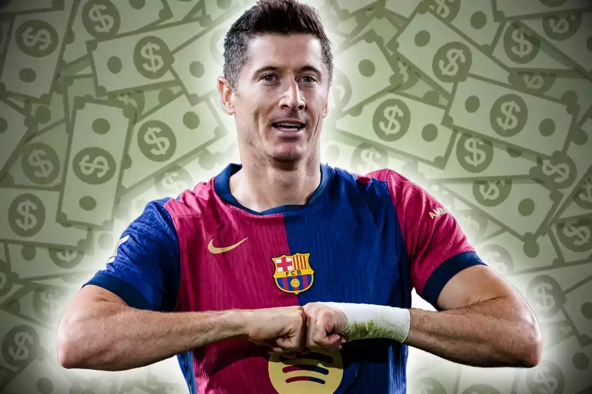 Football player wearing a FC Barcelona jersey in front of a background of banknotes with dollar symbols.