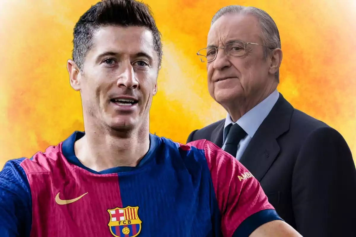 A player wearing the FC Barcelona jersey is in the foreground while an older man in a suit is in the background against a yellow backdrop.