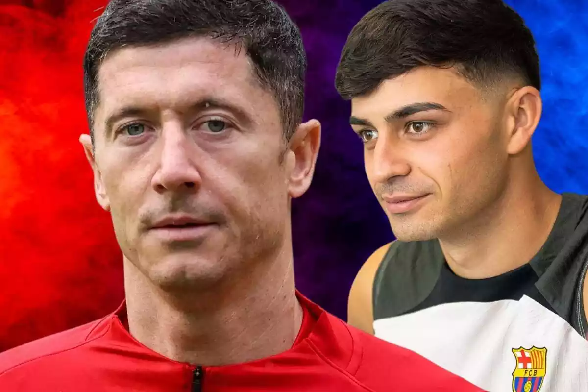 Robert Lewandowski mirant a càmera amb Pedri més al fons