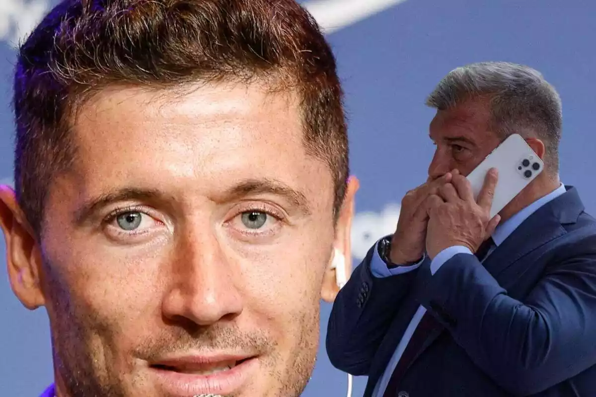 Primer pla de Lewandowski mirant a càmera i Joan Laporta trucant per telèfon