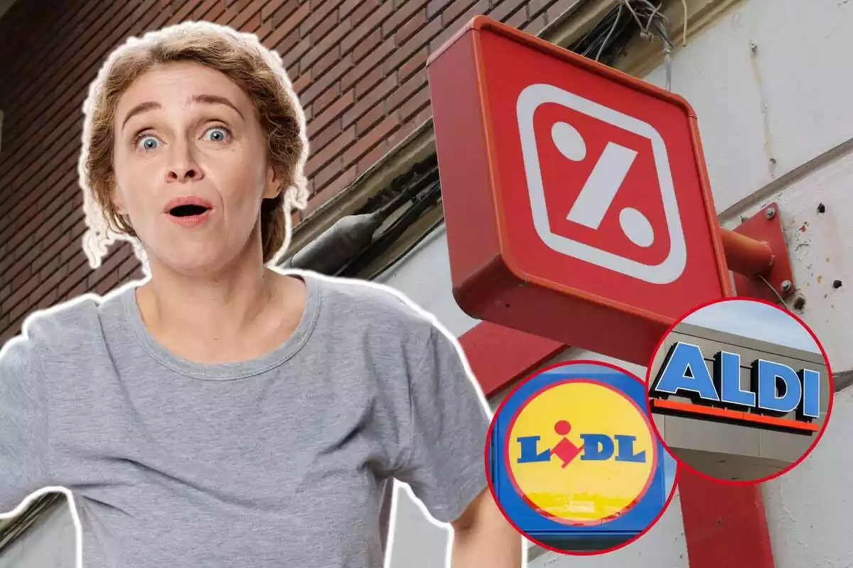 Muntatge amb una imatge de fons del logo de Dia i dues imatges dels logos d'Aldi i Lidl i una persona amb expressió de sorpresa