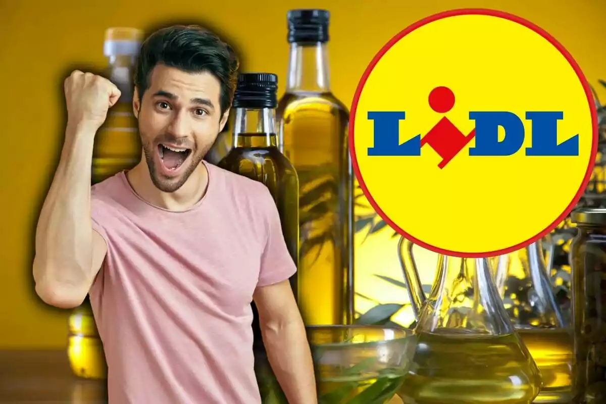 Un home emocionat amb el puny aixecat davant d'ampolles d'oli i el logotip de Lidl.