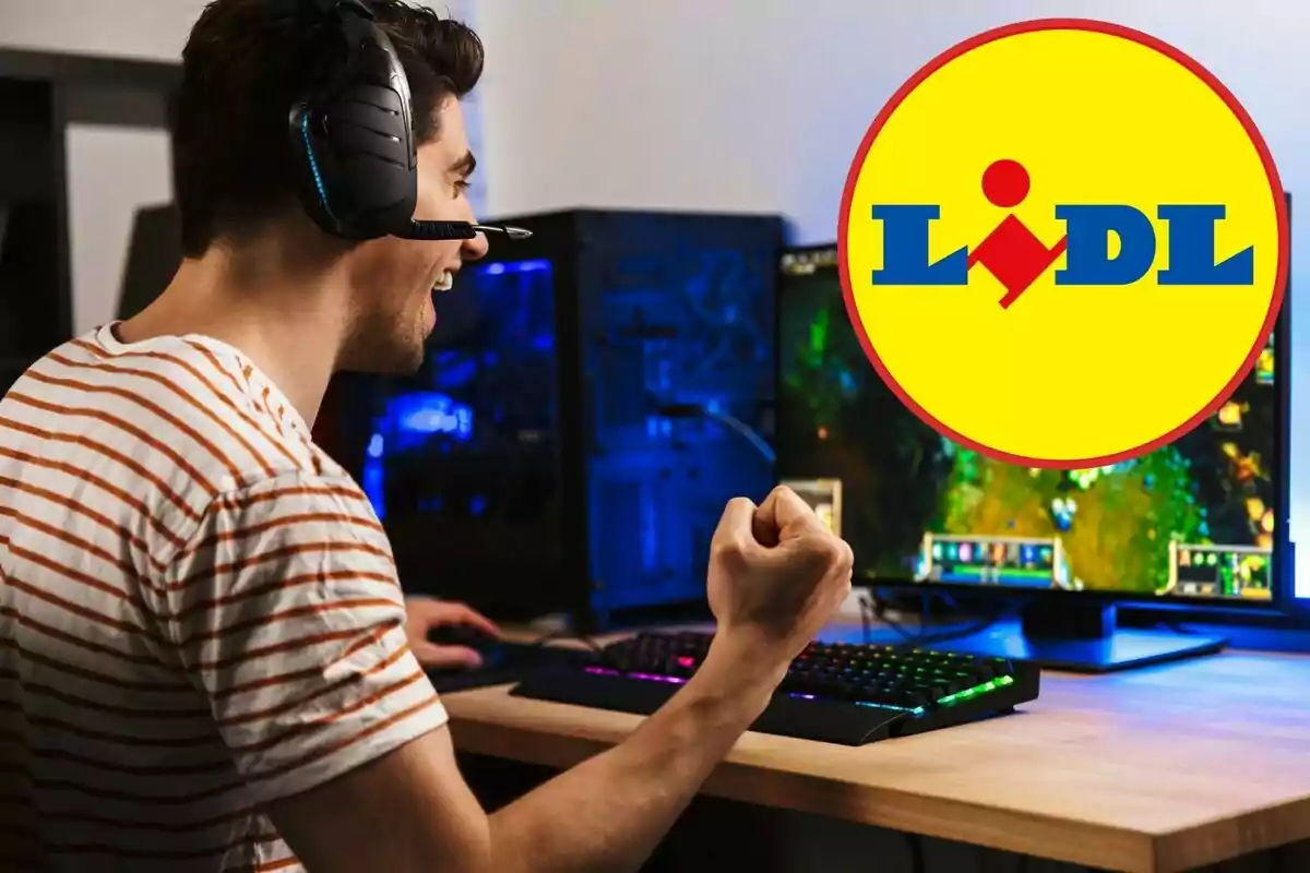 Un home amb auriculars i micròfon celebra mentre juga en un ordinador, amb el logotip de Lidl superposat a la imatge.