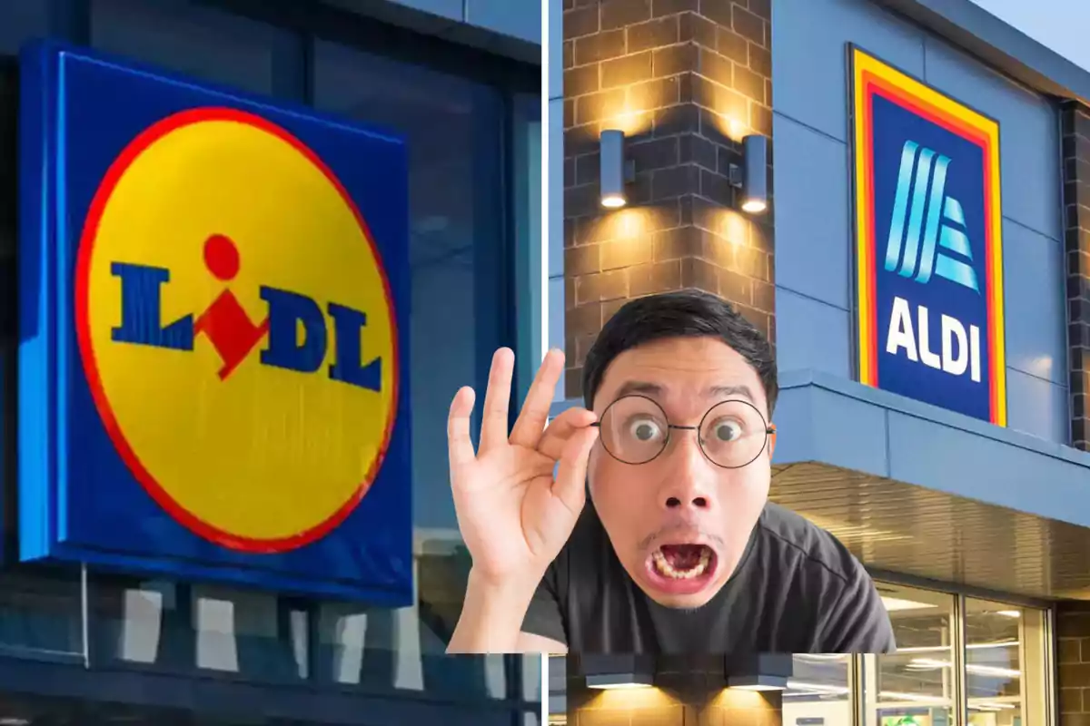 Un hombre con expresión de sorpresa y gesto de aprobación frente a los logos de dos supermercados.