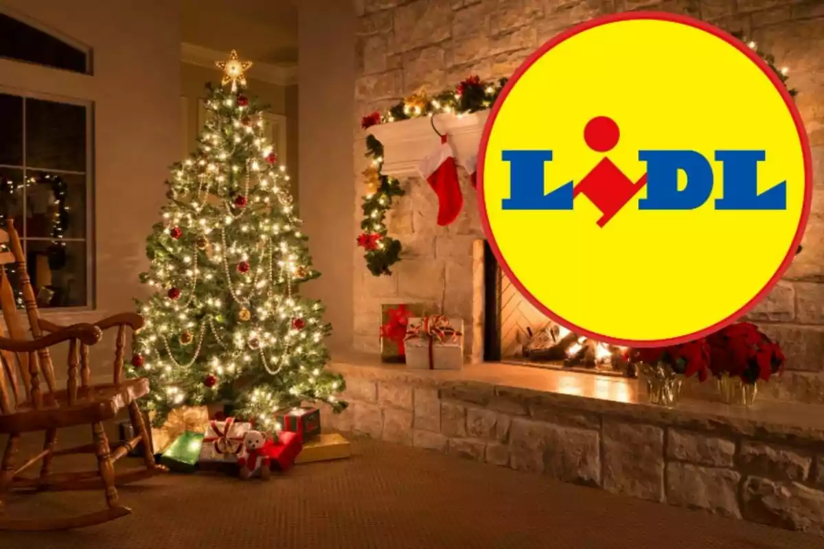 Un arbre de Nadal decorat amb una xemeneia amb el logotip de Lidl superposat.