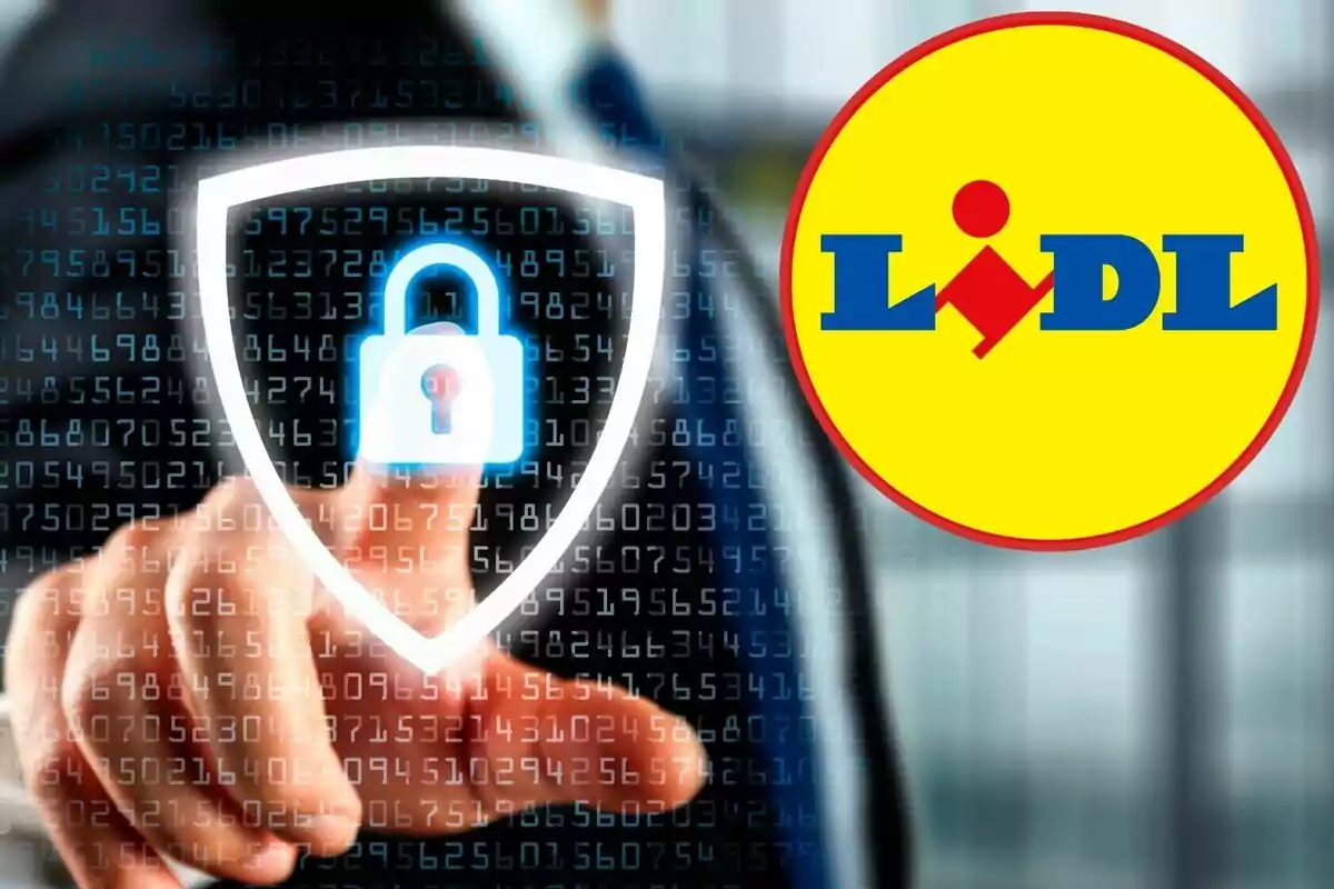 Persona tocant una icona de cadenat en una pantalla digital amb el logotip de Lidl al costat.