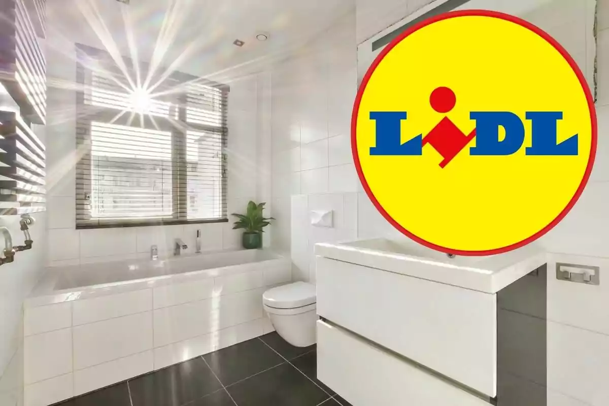 Un bany modern i lluminós amb el logotip de Lidl superposat a la cantonada superior dreta.