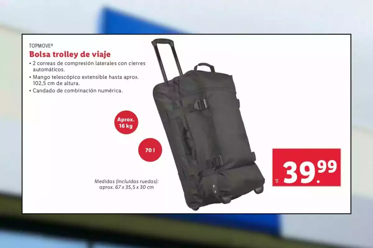 Image of a black travel trolley bag with side compression straps, extendable telescopic handle, numeric combination lock, 70-liter capacity, approximate weight of 16 kg, and price of 39.99 euros. Image of a black travel trolley bag with side compression straps, extendable telescopic handle, numeric combination lock, 70-liter capacity, approximate weight of 16 kg, and price of 39.99 euros.