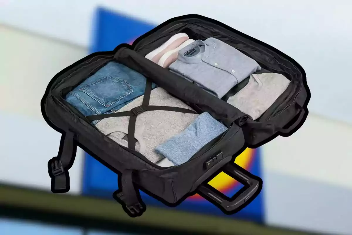 An open black suitcase showing folded clothes inside with a blurred background. An open black suitcase showing folded clothes inside with a blurred background.