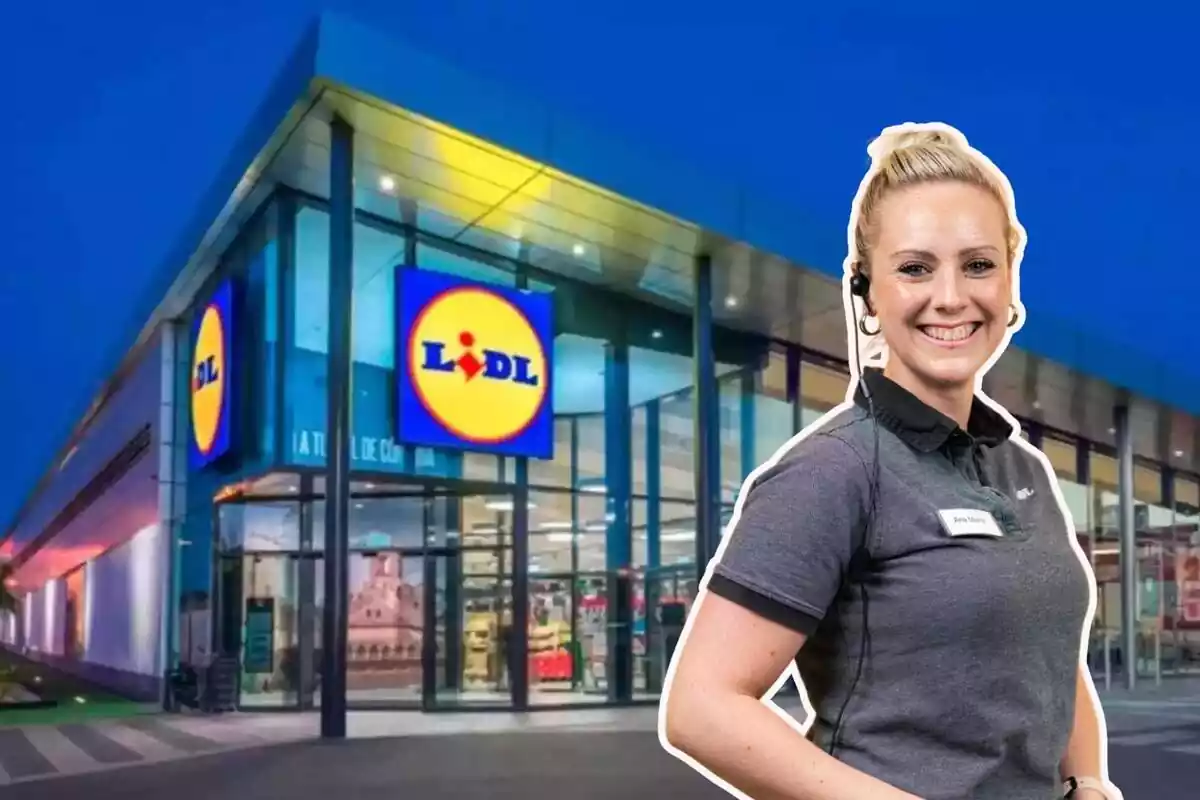 Treballadora de Lidl davant un supermercat