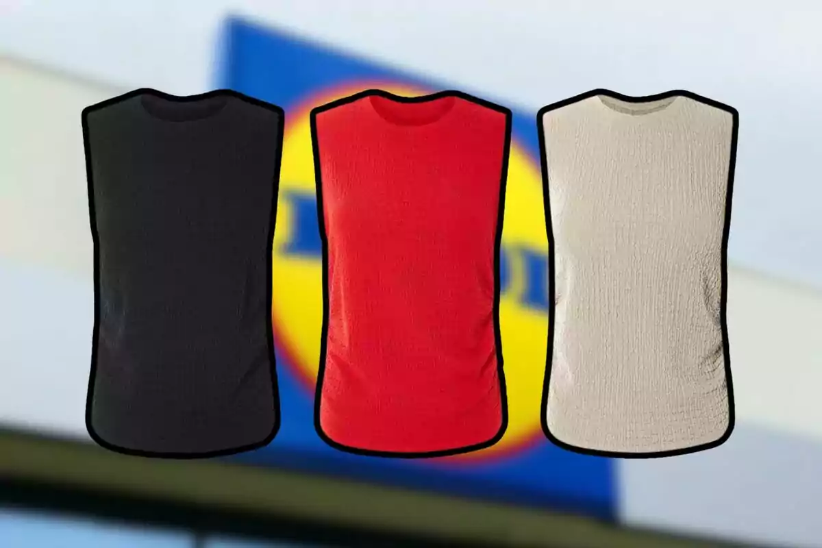 Three vests in different colors (black, red, and beige) with a blurred background of a logo. Three vests in different colors (black, red, and beige) with a blurred background of a logo.