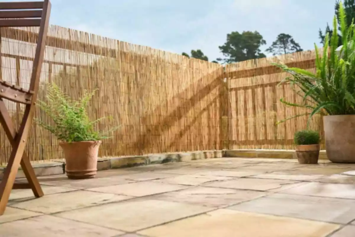 A terrace with a tiled floor, decorated with potted plants and a bamboo fence, next to a wooden chair. A terrace with a tiled floor, decorated with potted plants and a bamboo fence, next to a wooden chair.