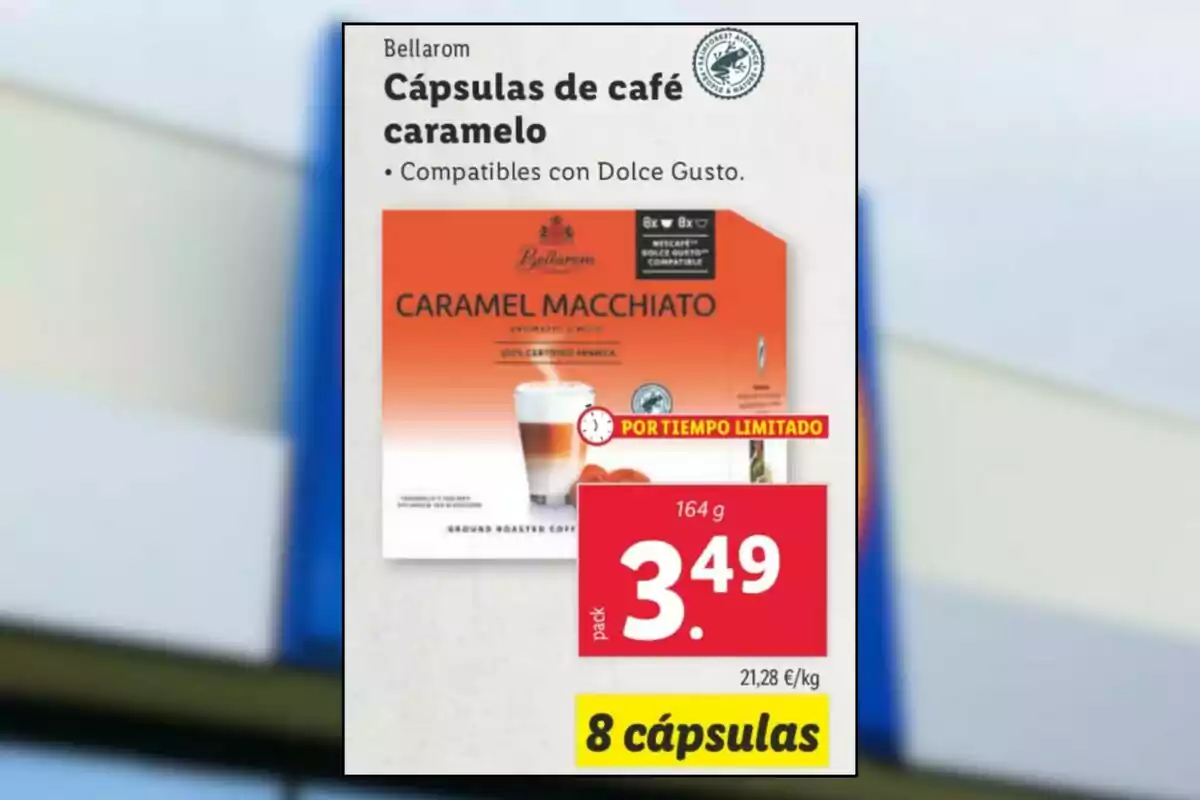 Bellarom caramel coffee capsule box compatible with Dolce Gusto, priced at 3.49 euros per package of 8 capsules, limited time offer. Bellarom caramel coffee capsule box compatible with Dolce Gusto, priced at 3.49 euros per package of 8 capsules, limited time offer.