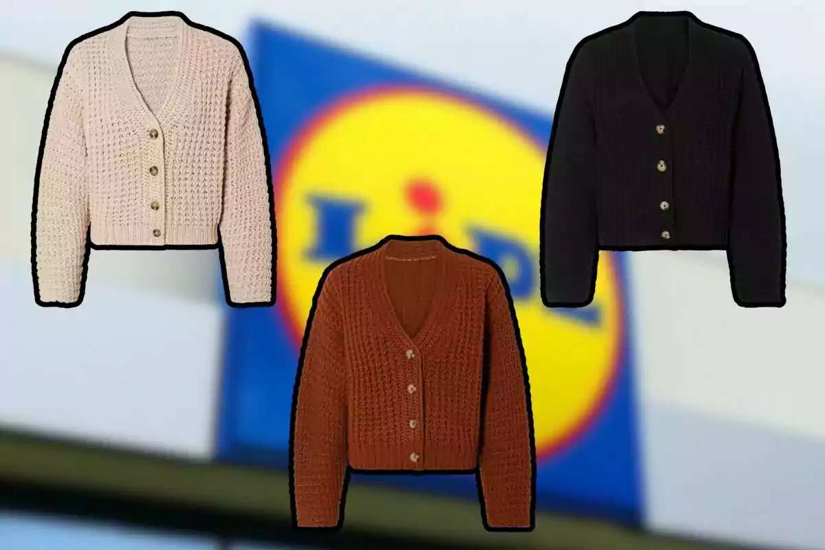 Tres càrdigans de punt en colors beix, marró i negre davant d'un cartell de Lidl. Tres càrdigans de punt en colors beix, marró i negre davant d'un cartell de Lidl.