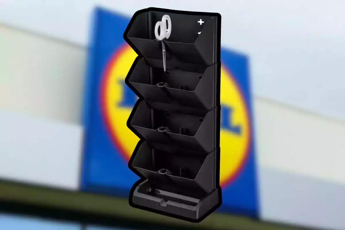 A black tool organizer with several compartments and scissors on the top, with a blurred background of a store logo. A black tool organizer with several compartments and scissors on the top, with a blurred background of a store logo.