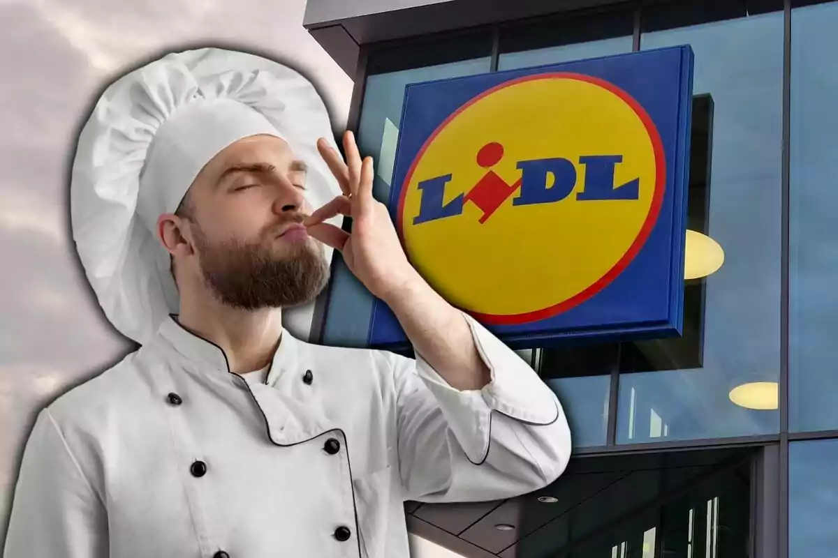 A chef in a white uniform makes a gesture of satisfaction in front of a building with the Lidl logo.