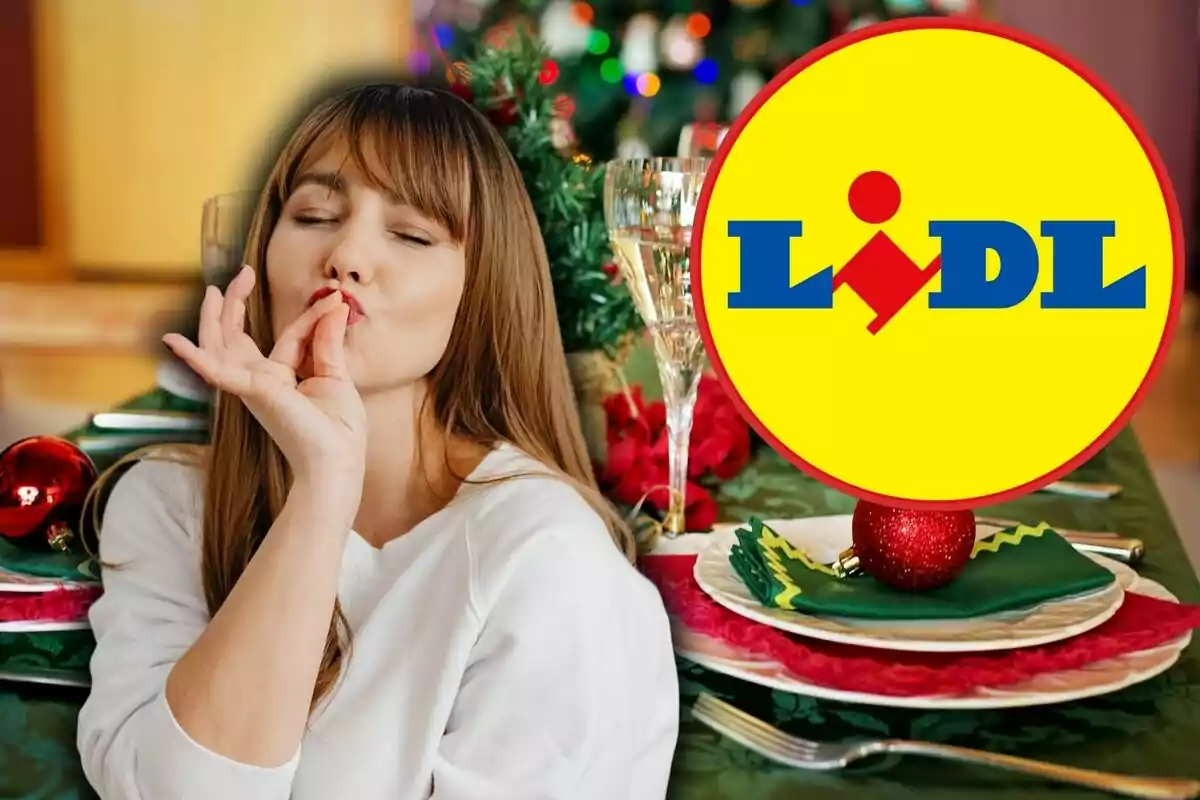 Dona fent un gest de satisfacció davant d'una taula decorada amb adorns nadalencs i el logo de Lidl.