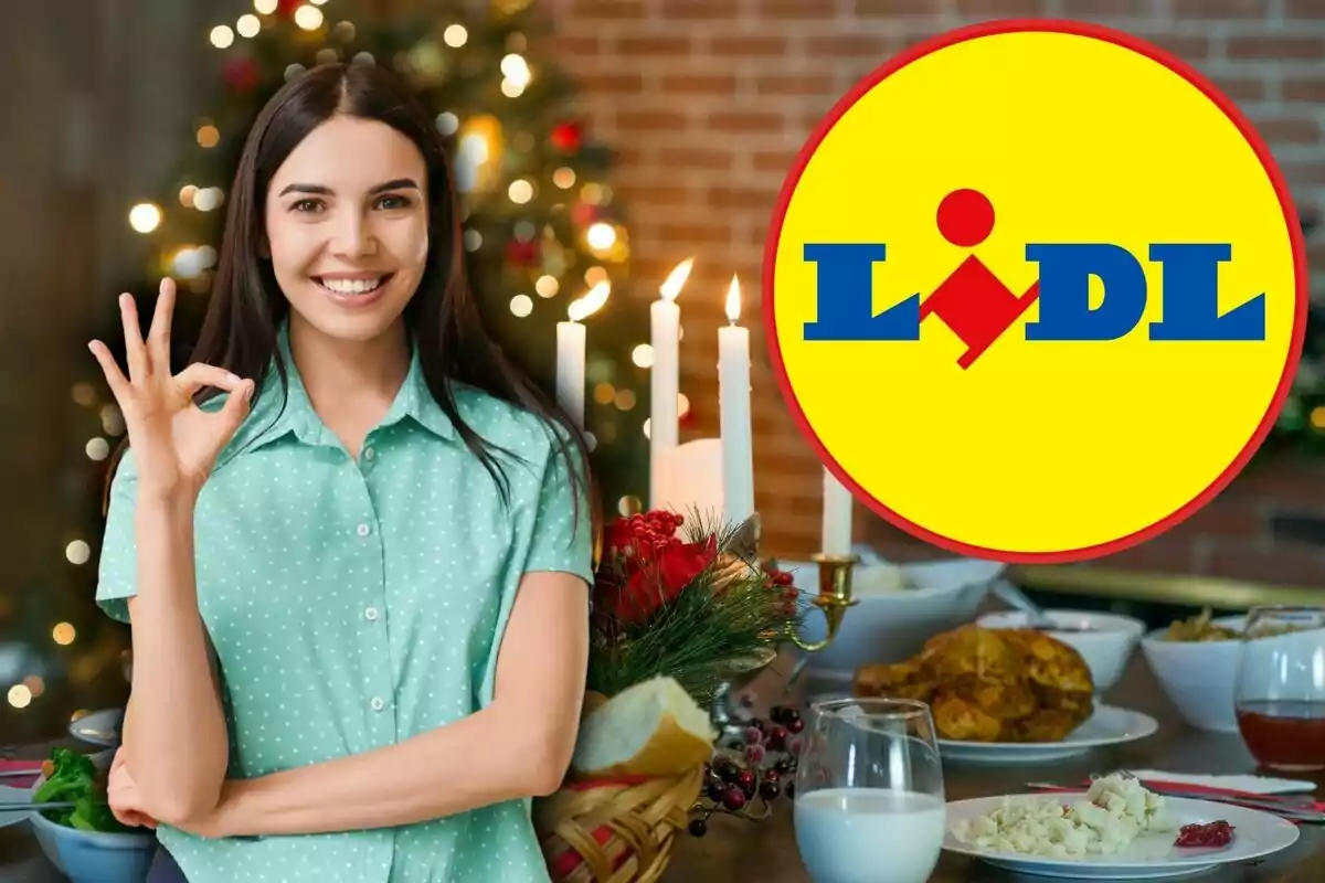 Una dona somrient fa un gest d'aprovació amb la mà davant d'una taula decorada amb menjar nadalenc i espelmes, al costat del logotip de Lidl.