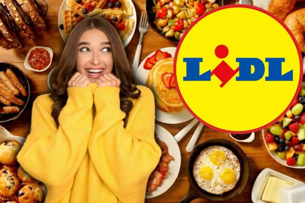 A smiling woman in a yellow sweater is surrounded by a varied breakfast including waffles, fruit, fried eggs and sausages, next to the Lidl logo.